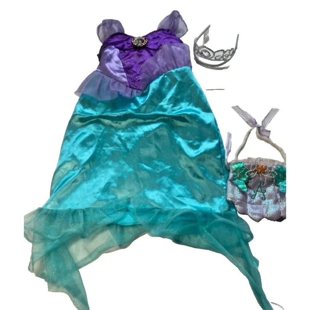 Disney Princess Ariel Little Mermaid Dress Costume w/ Crown & Purse - Size 4-6X - Picture 15 of 16